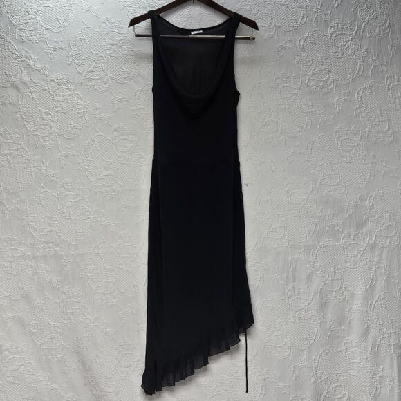 Sexy Sheer Little Black Dress Emily D Small Low Cowl Asymmetric Ruffle Skirt Tie - Picture 8 of 15